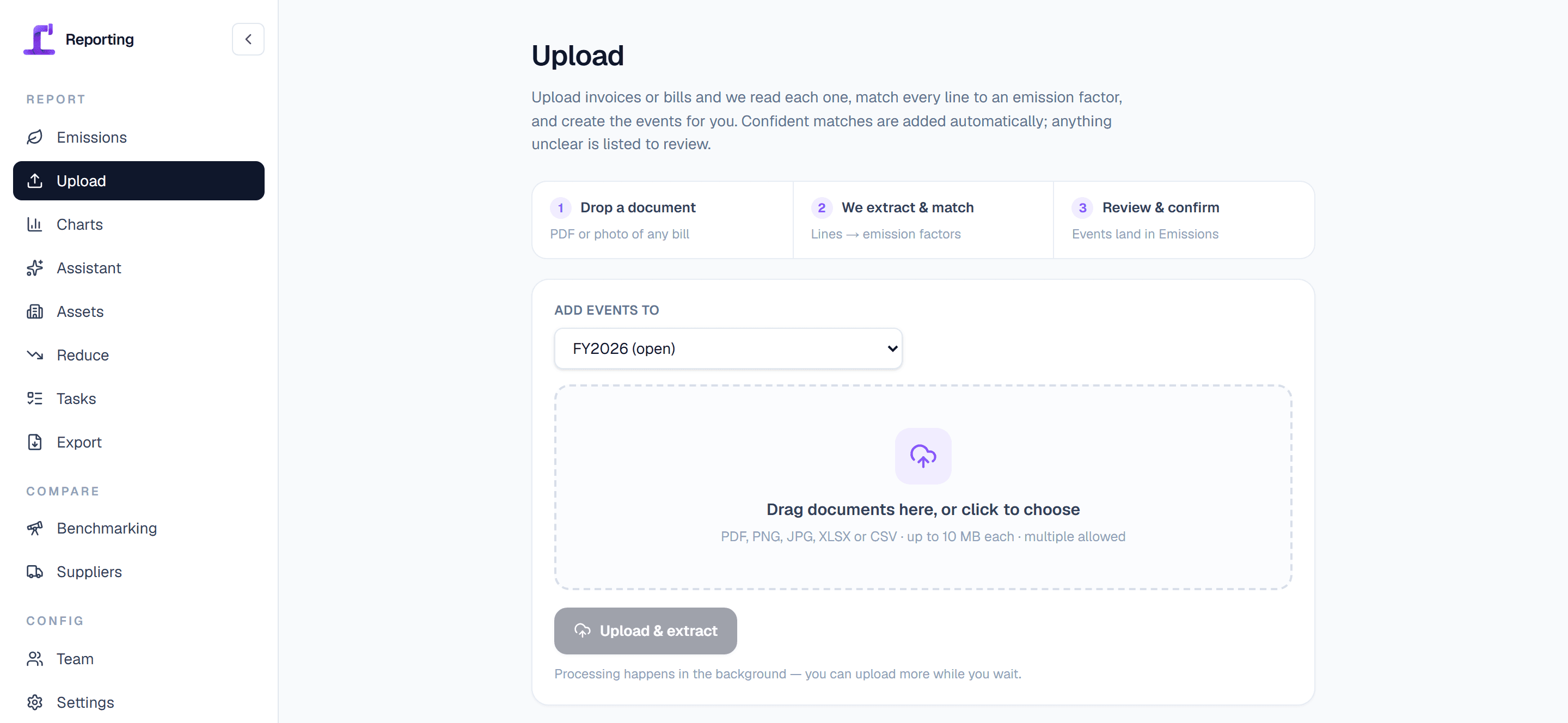 The document upload screen in Periscope's carbon accounting software, where a PDF, image or spreadsheet invoice is dropped in and its line items are turned into emission events automatically.
